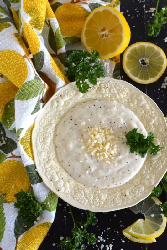 This super flavourful Garlic Parmesan Sauce makes a wonder dip or spread.  It's delicious paired with wings and pizza, great served with veggies for dipping, and even better when tossed with pasta!  Make this sauce in about 10 minutes! #pasta #garlic #parmesan #sauce #dip