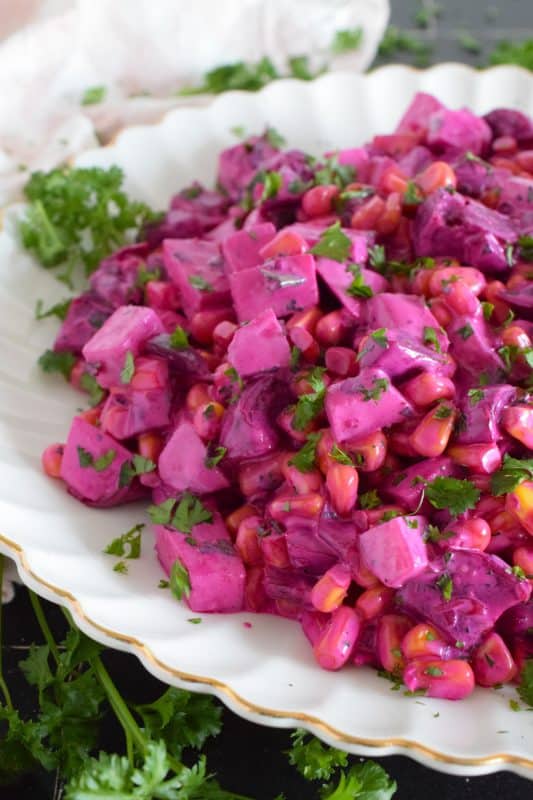 With just a few ingredients, ABC Potluck Salad is one of those great tasting recipes that gives you lots of bang for your buck!  Serve this salad cold or at room temperature at a potluck dinner or a backyard family summer barbecue! #corn #apple #beets #salad #newfoundland #newfie #potluck