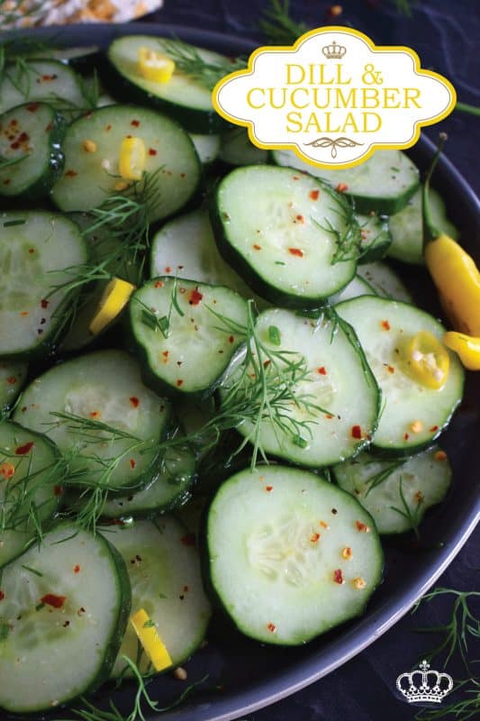 Toss cucumber slices with fresh dill fronds in a seasoned vinegar and lemon juice dressing to make this Dill and Cucumber Salad.  It's light and refreshing with just the right amount of brightness and zing.  Garnish with thinly sliced hot chilies for colour and heat. #cucumber #dill #fresh #salad #vinegar #oil