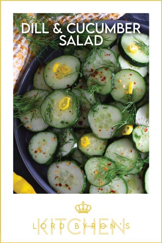 Toss cucumber slices with fresh dill fronds in a seasoned vinegar and lemon juice dressing to make this Dill and Cucumber Salad.  It's light and refreshing with just the right amount of brightness and zing.  Garnish with thinly sliced hot chilies for colour and heat. #cucumber #dill #fresh #salad #vinegar #oil