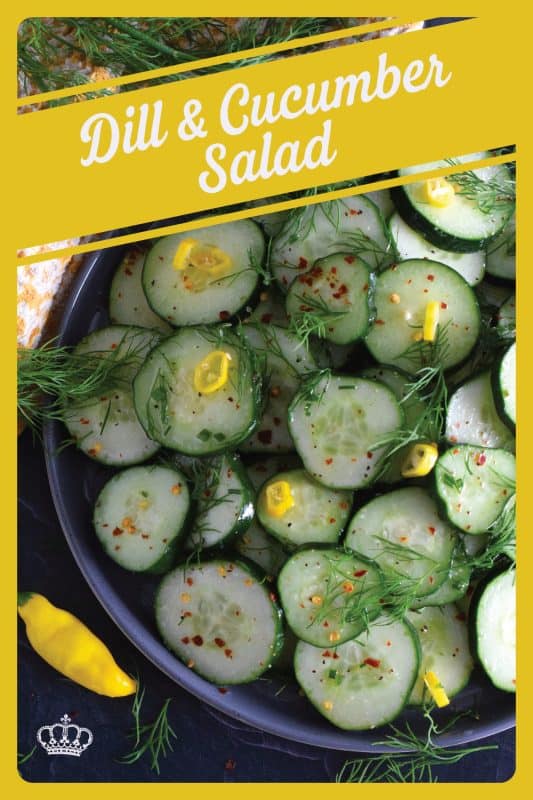 Toss cucumber slices with fresh dill fronds in a seasoned vinegar and lemon juice dressing to make this Dill and Cucumber Salad.  It's light and refreshing with just the right amount of brightness and zing.  Garnish with thinly sliced hot chilies for colour and heat. #cucumber #dill #fresh #salad #vinegar #oil