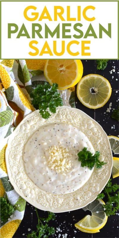 This super flavourful Garlic Parmesan Sauce makes a wonder dip or spread.  It's delicious paired with wings and pizza, great served with veggies for dipping, and even better when tossed with pasta!  Make this sauce in about 10 minutes! #pasta #garlic #parmesan #sauce #dip