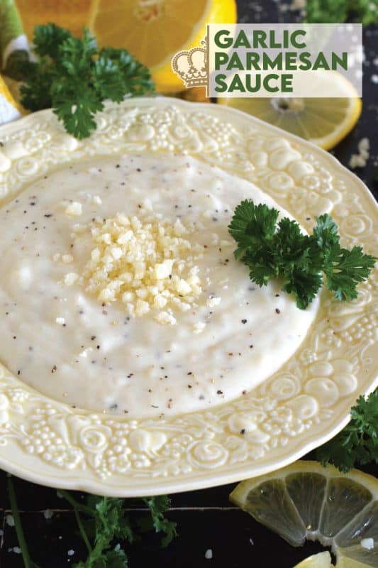 This super flavourful Garlic Parmesan Sauce makes a wonder dip or spread.  It's delicious paired with wings and pizza, great served with veggies for dipping, and even better when tossed with pasta!  Make this sauce in about 10 minutes! #pasta #garlic #parmesan #sauce #dip
