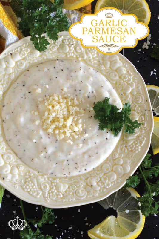 This super flavourful Garlic Parmesan Sauce makes a wonder dip or spread.  It's delicious paired with wings and pizza, great served with veggies for dipping, and even better when tossed with pasta!  Make this sauce in about 10 minutes! #pasta #garlic #parmesan #sauce #dip
