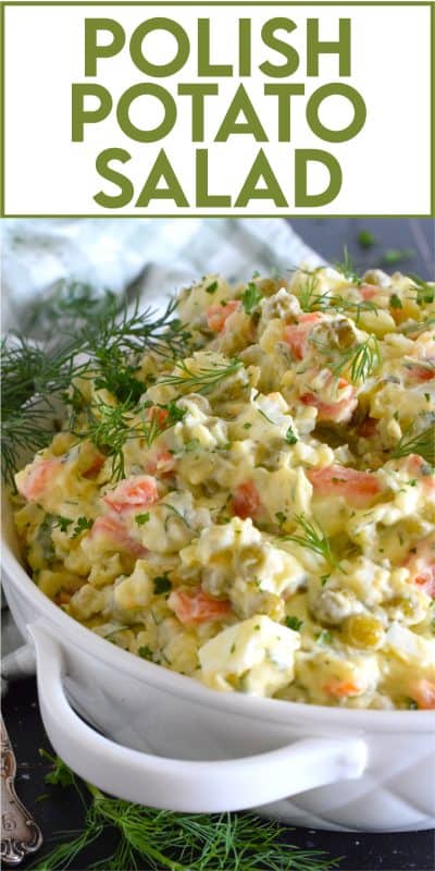 In our home, a potato salad will almost always have hard-boiled eggs and green onion in it, but in the case of this Polish Potato Salad, I'm adding finely chopped dill pickles, fresh dill, green peas, and minced white onions too! #potatosalad #salad #polish #dill