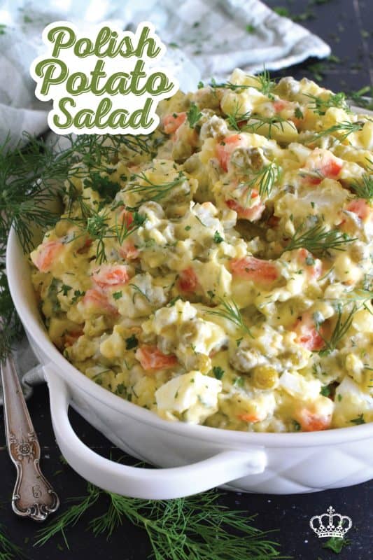 In our home, a potato salad will almost always have hard-boiled eggs and green onion in it, but in the case of this Polish Potato Salad, I'm adding finely chopped dill pickles, fresh dill, green peas, and minced white onions too! #potatosalad #salad #polish #dill
