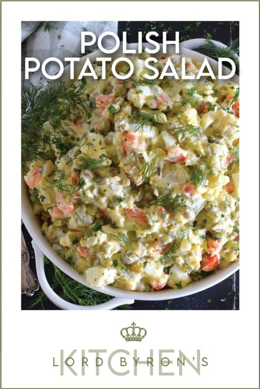 In our home, a potato salad will almost always have hard-boiled eggs and green onion in it, but in the case of this Polish Potato Salad, I'm adding finely chopped dill pickles, fresh dill, green peas, and minced white onions too! #potatosalad #salad #polish #dill