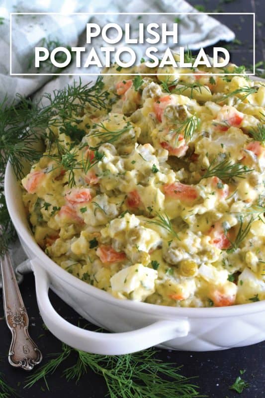 In our home, a potato salad will almost always have hard-boiled eggs and green onion in it, but in the case of this Polish Potato Salad, I'm adding finely chopped dill pickles, fresh dill, green peas, and minced white onions too! #potatosalad #salad #polish #dill