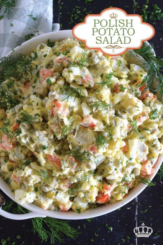 In our home, a potato salad will almost always have hard-boiled eggs and green onion in it, but in the case of this Polish Potato Salad, I'm adding finely chopped dill pickles, fresh dill, green peas, and minced white onions too! #potatosalad #salad #polish #dill