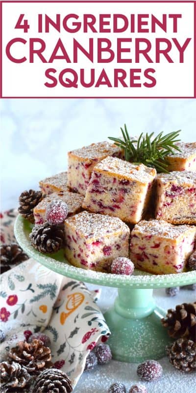 When a holiday recipe is this easy and this inexpensive, you simply have to make it! These 4 Ingredient Cranberry Squares are deliciously chewy - much like bread! - but so good! The sweetness is well balanced with the tartness of the cranberries! #cranberry #cranberries #squares #bars #holiday #christmas #baking