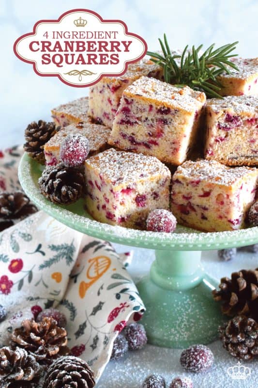 When a holiday recipe is this easy and this inexpensive, you simply have to make it! These 4 Ingredient Cranberry Squares are deliciously chewy - much like bread! - but so good! The sweetness is well balanced with the tartness of the cranberries! #cranberry #cranberries #squares #bars #holiday #christmas #baking