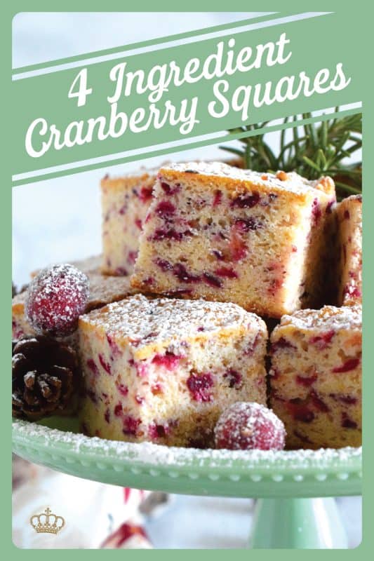 When a holiday recipe is this easy and this inexpensive, you simply have to make it! These 4 Ingredient Cranberry Squares are deliciously chewy - much like bread! - but so good! The sweetness is well balanced with the tartness of the cranberries! #cranberry #cranberries #squares #bars #holiday #christmas #baking
