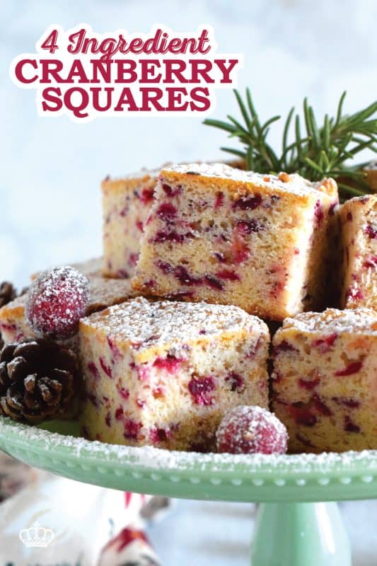 When a holiday recipe is this easy and this inexpensive, you simply have to make it! These 4 Ingredient Cranberry Squares are deliciously chewy - much like bread! - but so good! The sweetness is well balanced with the tartness of the cranberries! #cranberry #cranberries #squares #bars #holiday #christmas #baking