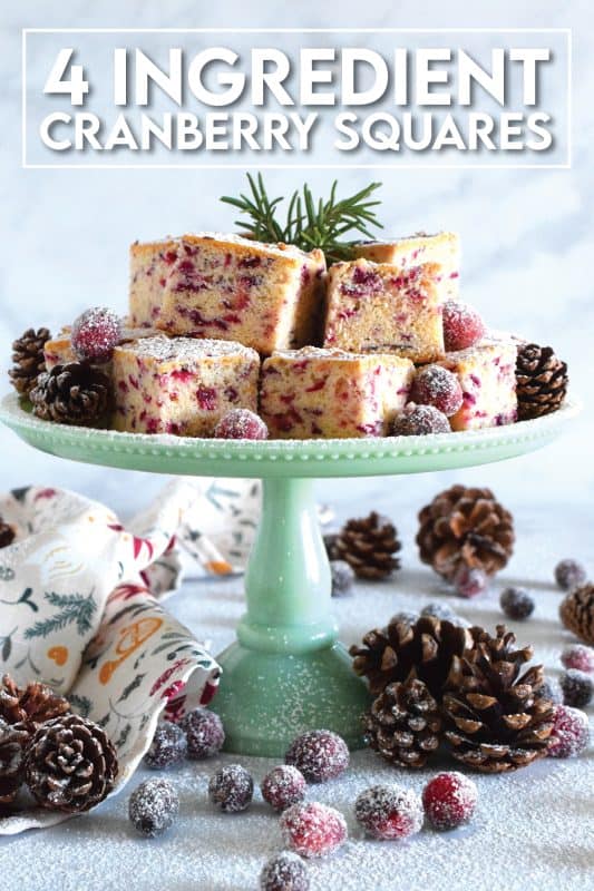 When a holiday recipe is this easy and this inexpensive, you simply have to make it! These 4 Ingredient Cranberry Squares are deliciously chewy - much like bread! - but so good! The sweetness is well balanced with the tartness of the cranberries! #cranberry #cranberries #squares #bars #holiday #christmas #baking