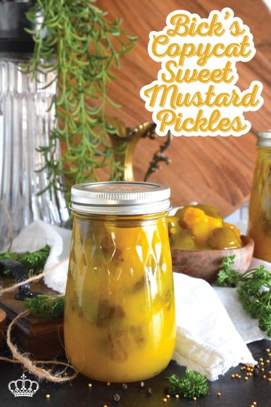 Sweet Mustard Pickles were often found on the table when I was growing up. They were store-bought and the brand was Bick's. This homemade copycat version is a near exact replica of the familiar jar of pickles my mom would serve alongside so many meals in our home. Prepared with cucumbers, cauliflower, and onions - just like the store-bought kind! - in a sweet and vinegary mustard sauce, these pickles are a Newfoundland favourite! #copycat #mustard #pickles #bicks #onions #cauliflower #homemade #canning