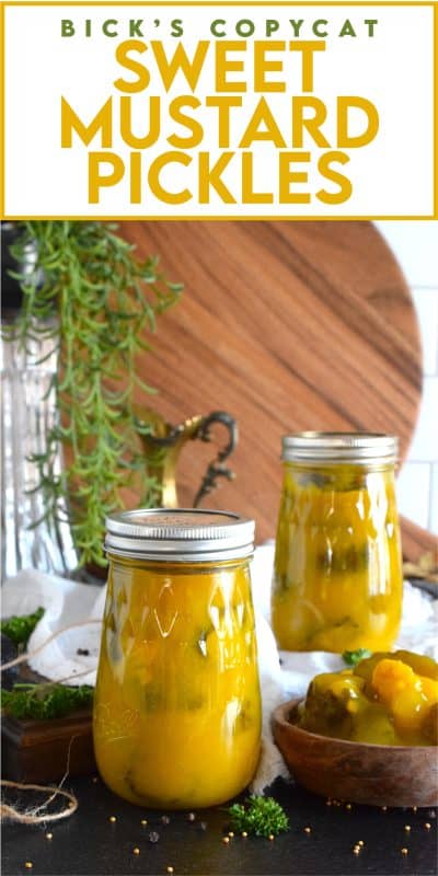Sweet Mustard Pickles were often found on the table when I was growing up. They were store-bought and the brand was Bick's. This homemade copycat version is a near exact replica of the familiar jar of pickles my mom would serve alongside so many meals in our home. Prepared with cucumbers, cauliflower, and onions - just like the store-bought kind! - in a sweet and vinegary mustard sauce, these pickles are a Newfoundland favourite! #copycat #mustard #pickles #bicks #onions #cauliflower #homemade #canning