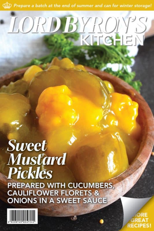 Sweet Mustard Pickles were often found on the table when I was growing up. They were store-bought and the brand was Bick's. This homemade copycat version is a near exact replica of the familiar jar of pickles my mom would serve alongside so many meals in our home. Prepared with cucumbers, cauliflower, and onions - just like the store-bought kind! - in a sweet and vinegary mustard sauce, these pickles are a Newfoundland favourite! #copycat #mustard #pickles #bicks #onions #cauliflower #homemade #canning