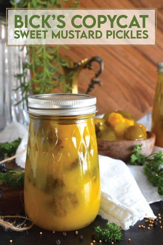 Sweet Mustard Pickles were often found on the table when I was growing up. They were store-bought and the brand was Bick's. This homemade copycat version is a near exact replica of the familiar jar of pickles my mom would serve alongside so many meals in our home. Prepared with cucumbers, cauliflower, and onions - just like the store-bought kind! - in a sweet and vinegary mustard sauce, these pickles are a Newfoundland favourite! #copycat #mustard #pickles #bicks #onions #cauliflower #homemade #canning