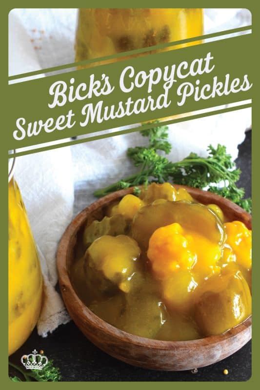 Sweet Mustard Pickles were often found on the table when I was growing up. They were store-bought and the brand was Bick's. This homemade copycat version is a near exact replica of the familiar jar of pickles my mom would serve alongside so many meals in our home. Prepared with cucumbers, cauliflower, and onions - just like the store-bought kind! - in a sweet and vinegary mustard sauce, these pickles are a Newfoundland favourite! #copycat #mustard #pickles #bicks #onions #cauliflower #homemade #canning