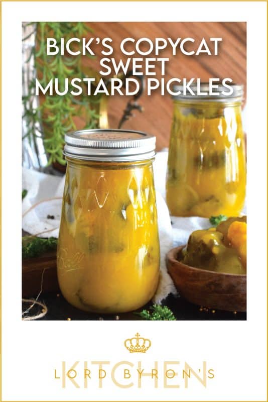 Sweet Mustard Pickles were often found on the table when I was growing up. They were store-bought and the brand was Bick's. This homemade copycat version is a near exact replica of the familiar jar of pickles my mom would serve alongside so many meals in our home. Prepared with cucumbers, cauliflower, and onions - just like the store-bought kind! - in a sweet and vinegary mustard sauce, these pickles are a Newfoundland favourite! #copycat #mustard #pickles #bicks #onions #cauliflower #homemade #canning