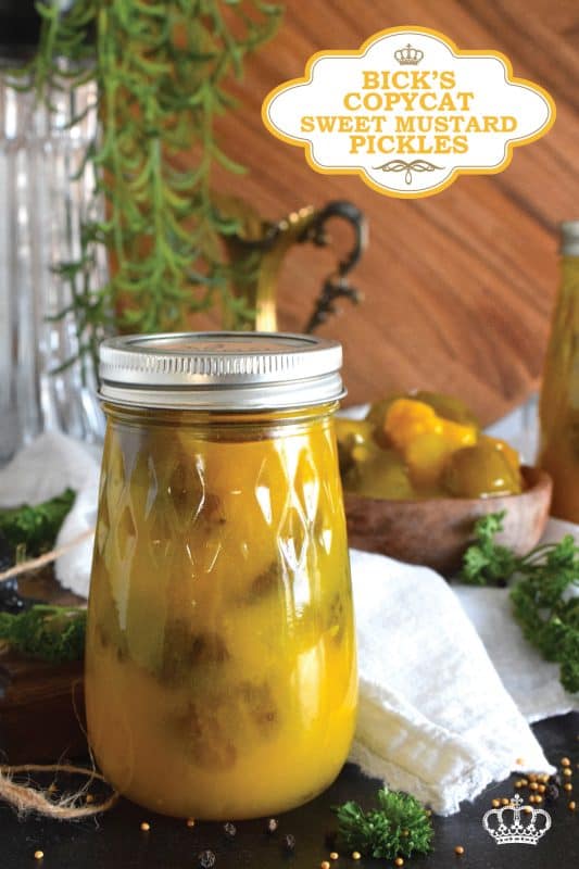 Sweet Mustard Pickles were often found on the table when I was growing up. They were store-bought and the brand was Bick's. This homemade copycat version is a near exact replica of the familiar jar of pickles my mom would serve alongside so many meals in our home. Prepared with cucumbers, cauliflower, and onions - just like the store-bought kind! - in a sweet and vinegary mustard sauce, these pickles are a Newfoundland favourite! #copycat #mustard #pickles #bicks #onions #cauliflower #homemade #canning