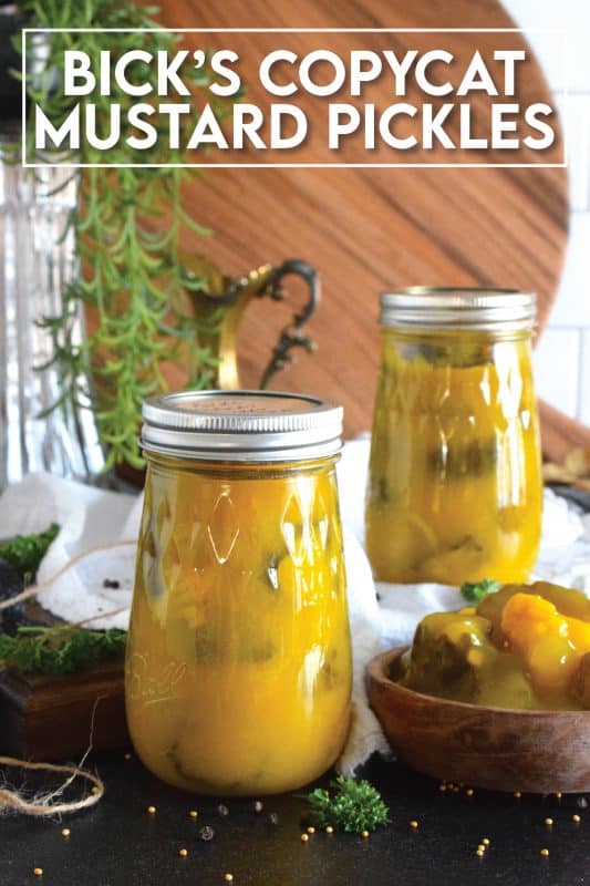 Sweet Mustard Pickles were often found on the table when I was growing up. They were store-bought and the brand was Bick's. This homemade copycat version is a near exact replica of the familiar jar of pickles my mom would serve alongside so many meals in our home. Prepared with cucumbers, cauliflower, and onions - just like the store-bought kind! - in a sweet and vinegary mustard sauce, these pickles are a Newfoundland favourite! #copycat #mustard #pickles #bicks #onions #cauliflower #homemade #canning