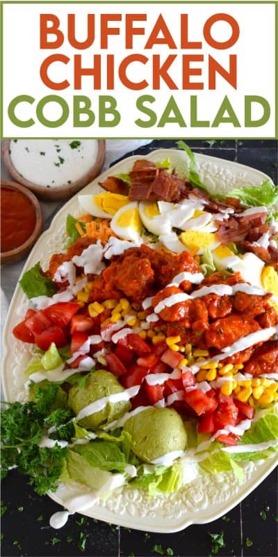 Some salads are light and leave you still hungry, and some salads, like this Buffalo Chicken Cobb Salad, are the complete opposite. Hearty, filling, delicious, and not even close to being just another boring salad, this one is a meal all on its own. Move over side salad; there’s no room for you at this table! #buffalo #chicken #cobb #cobbsalad #buffalochicken