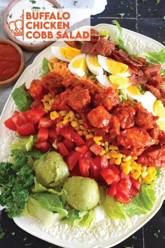 Some salads are light and leave you still hungry, and some salads, like this Buffalo Chicken Cobb Salad, are the complete opposite. Hearty, filling, delicious, and not even close to being just another boring salad, this one is a meal all on its own. Move over side salad; there’s no room for you at this table! #buffalo #chicken #cobb #cobbsalad #buffalochicken
