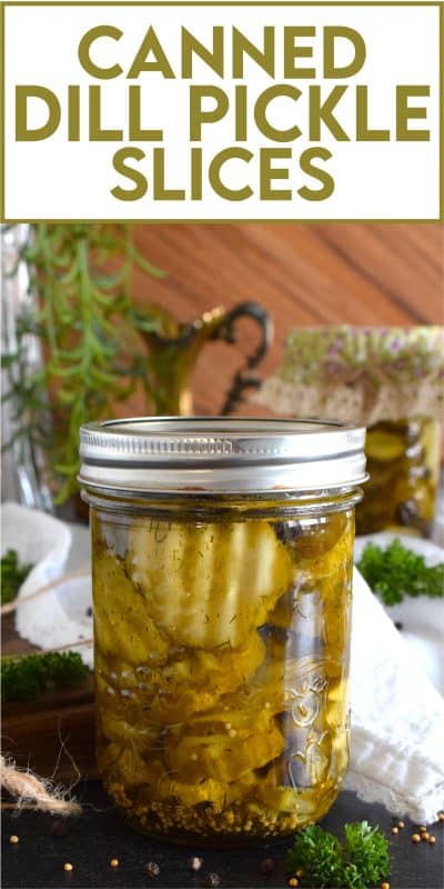 If your backyard garden is producing any cucumbers right now, then you'll want to make a batch of these Canned Dill Pickle Slices! You only need 10 cucumbers, but this recipe can be doubled or tripled depending on how many jars you want to make. These pickles keep their crispy, crunchy texture too! #dill #dillpickles #pickles #canned #slices #cucumber #canning #waterbath