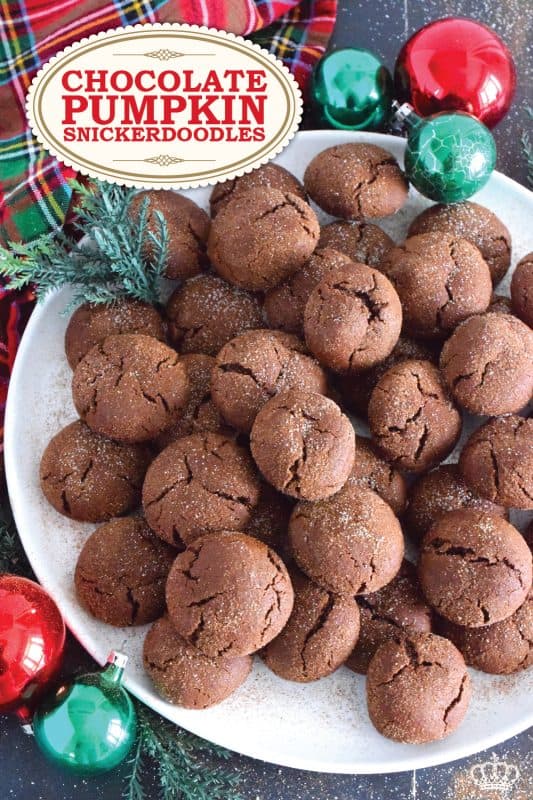 Everyone loves the original snickerdoodle cookie, but this pumpkin version is even more delicious! Prepared with brown sugar and cocoa, the cookies are also packed with pumpkin spice seasoning blend and rolled with it and sugar, which gives the cookie that recognizable and familiar crinkly appearance. Chocolate Pumpkin Snickerdoodle Cookies are soft and chewy with slightly crispy outer edges. #pumpkin #pumpkinspice #snickerdoodle #cookies #chocolate #holiday