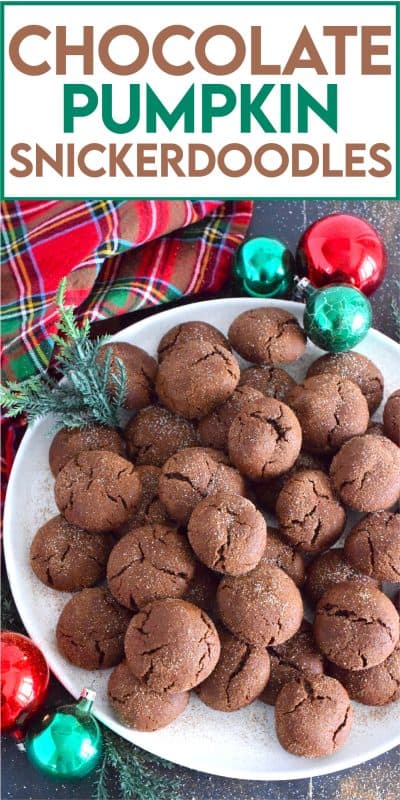 Everyone loves the original snickerdoodle cookie, but this pumpkin version is even more delicious! Prepared with brown sugar and cocoa, the cookies are also packed with pumpkin spice seasoning blend and rolled with it and sugar, which gives the cookie that recognizable and familiar crinkly appearance. Chocolate Pumpkin Snickerdoodle Cookies are soft and chewy with slightly crispy outer edges. #pumpkin #pumpkinspice #snickerdoodle #cookies #chocolate #holiday
