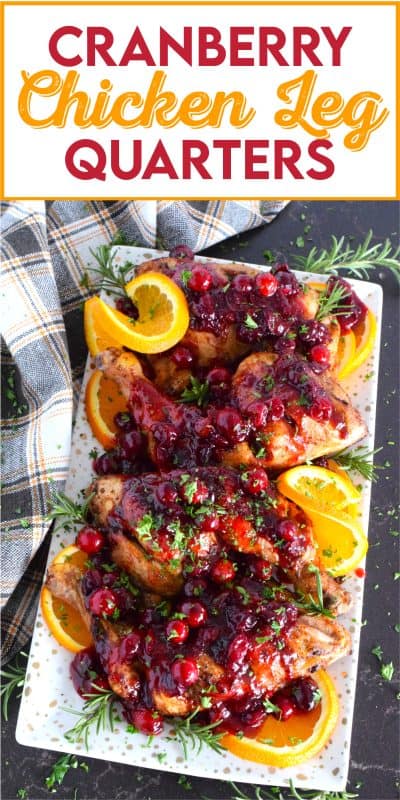 A quick and easy homemade dry rub seasons this chicken beautifully, while the homemade cranberry glaze adds sweetness, tartness, and stickiness. Cranberry Chicken Leg Quarters are a deliciously inexpensive holiday substitute to a whole roasted turkey! #chicken #quarters #chickenlegs #cranberry #glaze #thanksgiving #holidays