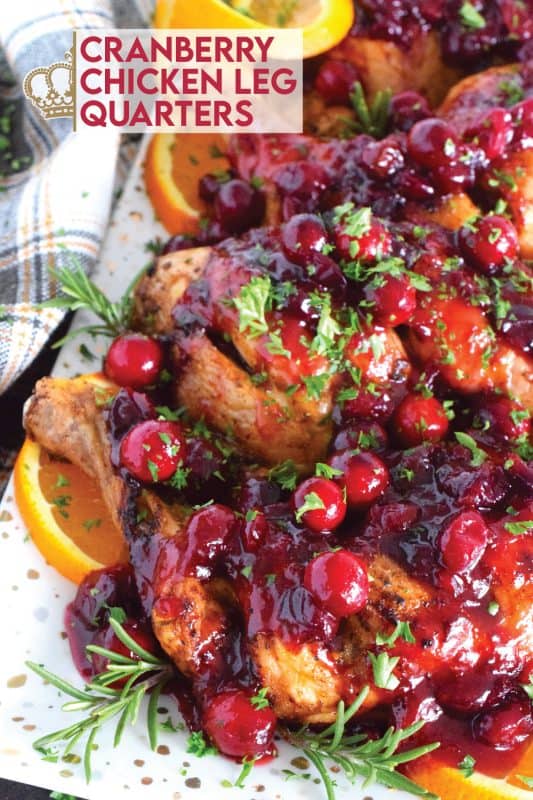 A quick and easy homemade dry rub seasons this chicken beautifully, while the homemade cranberry glaze adds sweetness, tartness, and stickiness. Cranberry Chicken Leg Quarters are a deliciously inexpensive holiday substitute to a whole roasted turkey! #chicken #quarters #chickenlegs #cranberry #glaze #thanksgiving #holidays