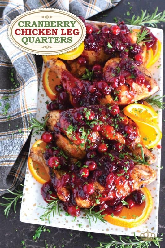 A quick and easy homemade dry rub seasons this chicken beautifully, while the homemade cranberry glaze adds sweetness, tartness, and stickiness. Cranberry Chicken Leg Quarters are a deliciously inexpensive holiday substitute to a whole roasted turkey! #chicken #quarters #chickenlegs #cranberry #glaze #thanksgiving #holidays