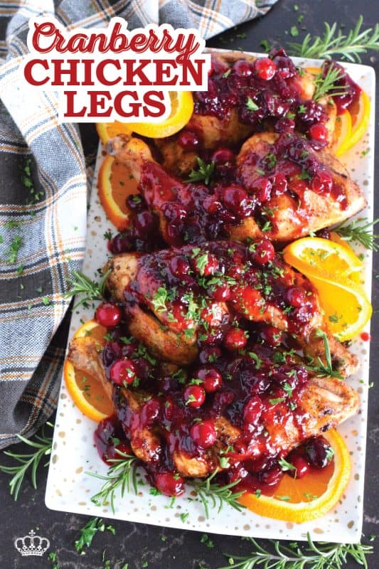 A quick and easy homemade dry rub seasons this chicken beautifully, while the homemade cranberry glaze adds sweetness, tartness, and stickiness. Cranberry Chicken Leg Quarters are a deliciously inexpensive holiday substitute to a whole roasted turkey! #chicken #quarters #chickenlegs #cranberry #glaze #thanksgiving #holidays