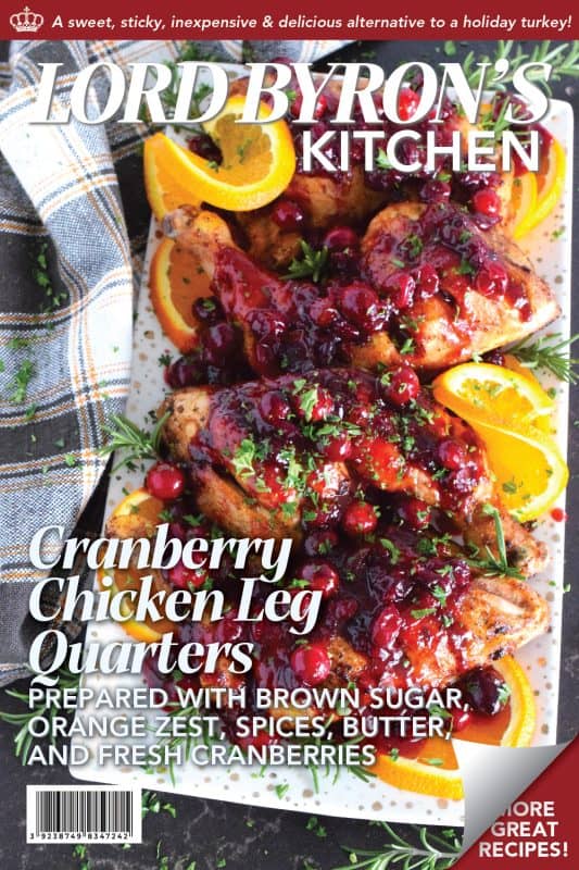 A quick and easy homemade dry rub seasons this chicken beautifully, while the homemade cranberry glaze adds sweetness, tartness, and stickiness. Cranberry Chicken Leg Quarters are a deliciously inexpensive holiday substitute to a whole roasted turkey! #chicken #quarters #chickenlegs #cranberry #glaze #thanksgiving #holidays