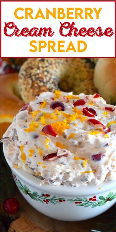 Smeared (shmeared?) liberally on toasted bagels or freshly made waffles, used as a dip when snacking on cheese and pretzels, or even as a frosting on your favourite spiced cake, this Cranberry Cream Cheese Spread will elevate them all! Made with orange zest, there is certainly no shortage of flavour here! #cranberry #cheese #creamcheese #dip #spread