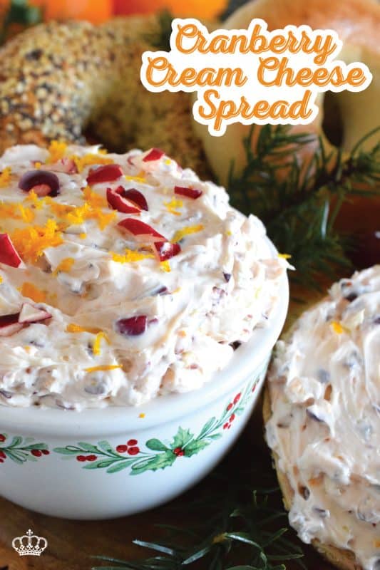 Smeared (shmeared?) liberally on toasted bagels or freshly made waffles, used as a dip when snacking on cheese and pretzels, or even as a frosting on your favourite spiced cake, this Cranberry Cream Cheese Spread will elevate them all! Made with orange zest, there is certainly no shortage of flavour here! #cranberry #cheese #creamcheese #dip #spread