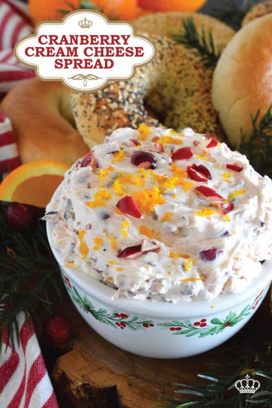 Smeared (shmeared?) liberally on toasted bagels or freshly made waffles, used as a dip when snacking on cheese and pretzels, or even as a frosting on your favourite spiced cake, this Cranberry Cream Cheese Spread will elevate them all! Made with orange zest, there is certainly no shortage of flavour here! #cranberry #cheese #creamcheese #dip #spread