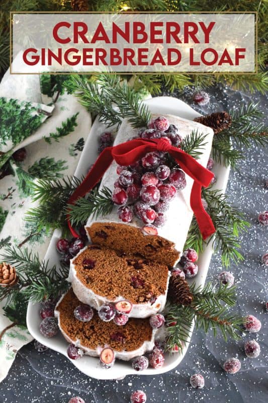 Cranberry Gingerbread Loaf is prepared with all of the gingerbread ingredients you’d expect, like molasses, brown sugar, and lots of warming ground spices such as cinnamon, nutmeg, allspice, cloves, and ginger which pair quite nicely with the moist tartness of fresh cranberries! #gingerbread #cranberry #cranberries #loaf #bread #cake