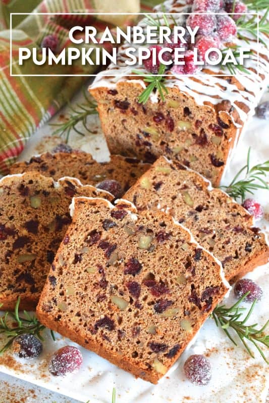 A thick slice of Cranberry Pumpkin Spice Loaf with a cup of hot tea is just the thing you need to boost your energy and spirits on a cold, autumn afternoon! Give me a good book, a comfortable chair, this loaf and some tea and I'm all set! Prepared with dried cranberries which has been soaked in strong tea, and loaded with pumpkin spice flavour, this loaf is both moist and delicious! #cranberries #cranberry #bread #loaf #pumpkin #pumpkinspice