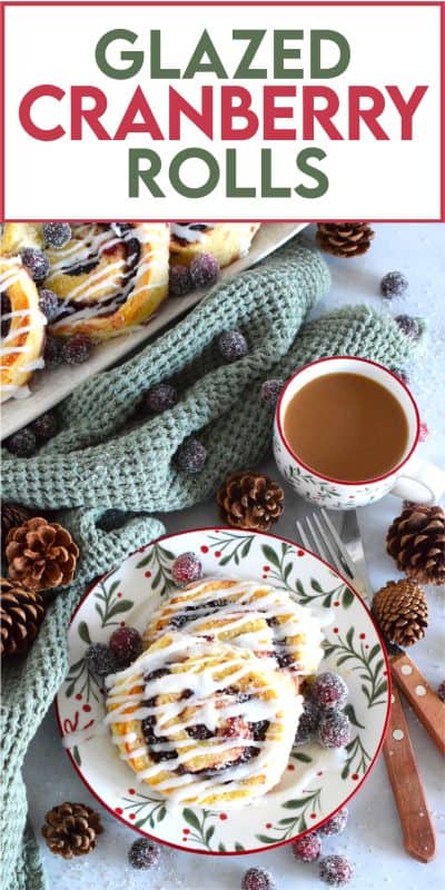 One of my favourite holiday ingredients, the delectably tart cranberry, is being put to great use today! These Glazed Cranberry Rolls are made with a light, biscuit-like dough and rolled with chunky cranberry sauce. Drizzled with a sweet glaze, these are absolutely delicious and very festive too! #cranberry #cranberries #glazed #rolls #brunch