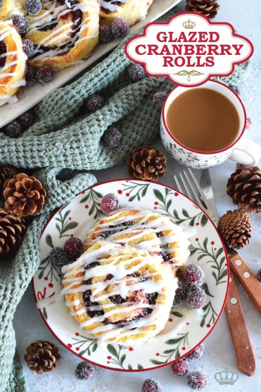 One of my favourite holiday ingredients, the delectably tart cranberry, is being put to great use today! These Glazed Cranberry Rolls are made with a light, biscuit-like dough and rolled with chunky cranberry sauce. Drizzled with a sweet glaze, these are absolutely delicious and very festive too! #cranberry #cranberries #glazed #rolls #brunch