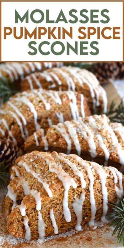 These scones are light and fluffy despite the quite noticeable flavour of the molasses and the plethora of familiar pumpkin spices. With a warming combination of cinnamon, nutmeg, ginger, allspice, and cloves, Molasses Pumpkin Spice Scones are sure to wake up your taste buds! #scones #pumpkinspice #pumpkin #molasses #fallbaking