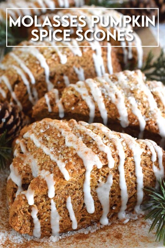These scones are light and fluffy despite the quite noticeable flavour of the molasses and the plethora of familiar pumpkin spices. With a warming combination of cinnamon, nutmeg, ginger, allspice, and cloves, Molasses Pumpkin Spice Scones are sure to wake up your taste buds! #scones #pumpkinspice #pumpkin #molasses #fallbaking
