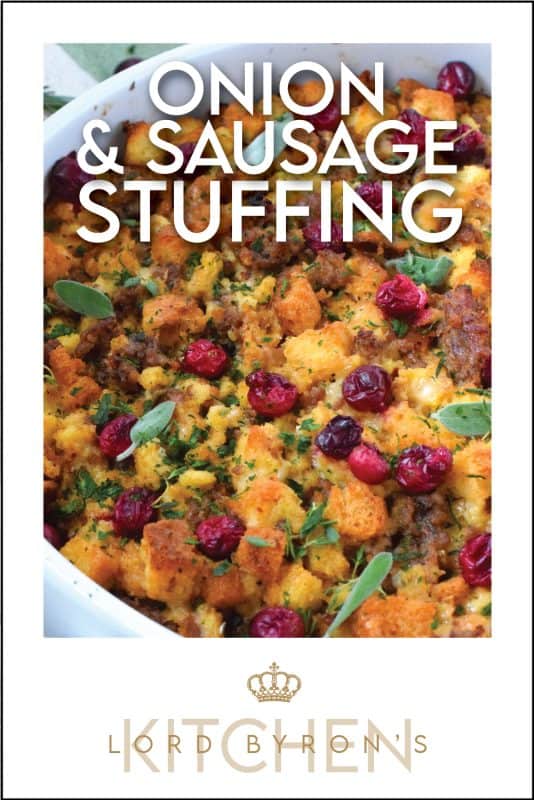 Stale bread cubes are combined with onion, butter, fresh herbs, fresh cranberries, and fried sausage meat. Moistened with stock, whisked eggs, and cheese, this Onion and Sausage Stuffing just might be the most favoured side dish! Bake it in a pan on its own or stuff the turkey with it – this stuffing is delicious both ways! #stuffing #sausage #pork #thanksgiving