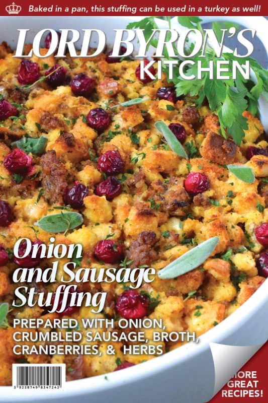 Stale bread cubes are combined with onion, butter, fresh herbs, fresh cranberries, and fried sausage meat. Moistened with stock, whisked eggs, and cheese, this Onion and Sausage Stuffing just might be the most favoured side dish! Bake it in a pan on its own or stuff the turkey with it – this stuffing is delicious both ways! #stuffing #sausage #pork #thanksgiving