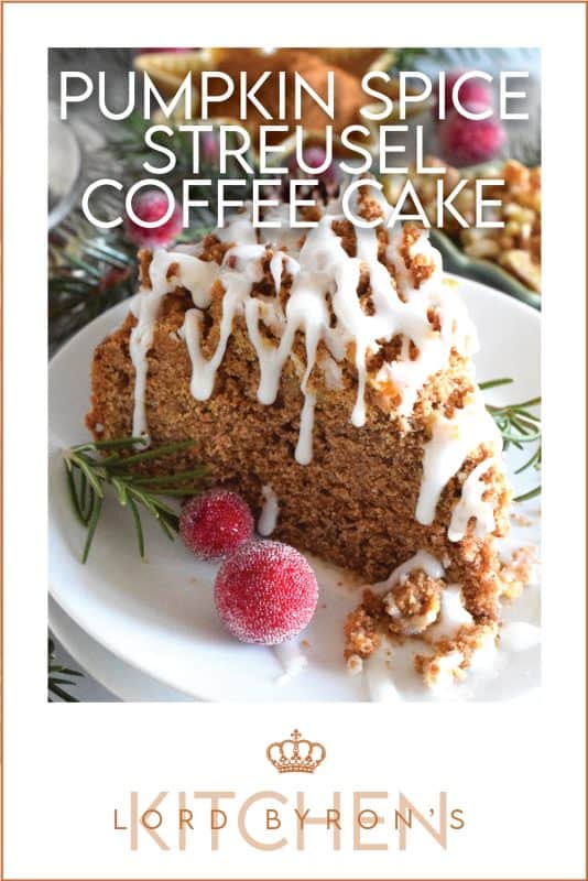 The old adage that simple is better certainly applies in the case of this Pumpkin Spice Streusel Coffee Cake. With a sweet walnut crumb topping, this delightful treat, served with a tea or coffee, is absolute perfection! – Serve with whipped cream and a drizzle of caramel sauce for a dressed up dessert! #pumpkin #pumpkinspice #streusel #cake #coffeecake