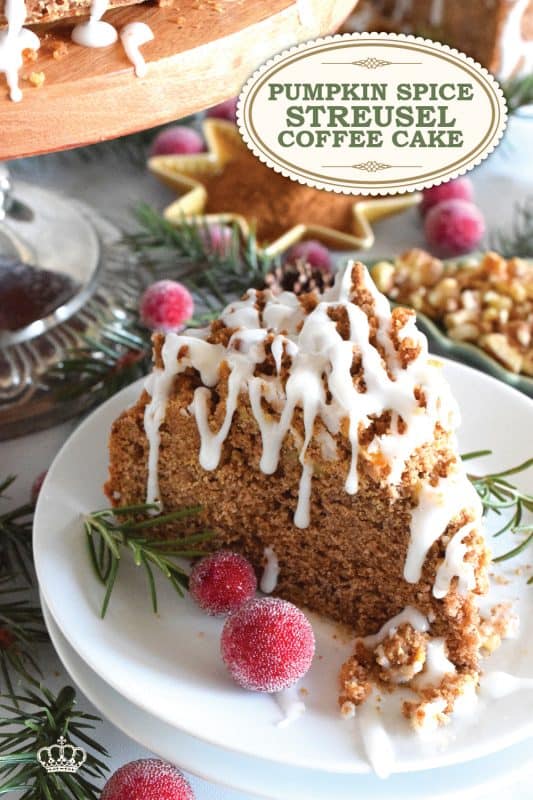 The old adage that simple is better certainly applies in the case of this Pumpkin Spice Streusel Coffee Cake. With a sweet walnut crumb topping, this delightful treat, served with a tea or coffee, is absolute perfection! – Serve with whipped cream and a drizzle of caramel sauce for a dressed up dessert! #pumpkin #pumpkinspice #streusel #cake #coffeecake
