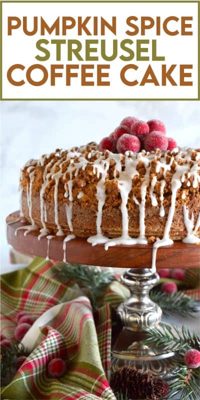 The old adage that simple is better certainly applies in the case of this Pumpkin Spice Streusel Coffee Cake. With a sweet walnut crumb topping, this delightful treat, served with a tea or coffee, is absolute perfection! – Serve with whipped cream and a drizzle of caramel sauce for a dressed up dessert! #pumpkin #pumpkinspice #streusel #cake #coffeecake